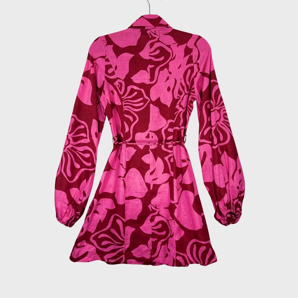FAITHFULL THE BRAND Mini Dress Pink Rae Linen Floral Long Sleeve Boho Size 2 - Picture 3 of 12